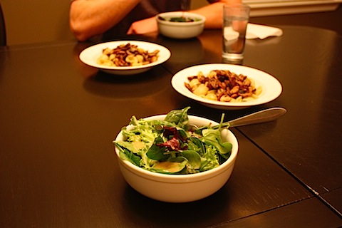 pesto pasta with tons of mushrooms and a side salad