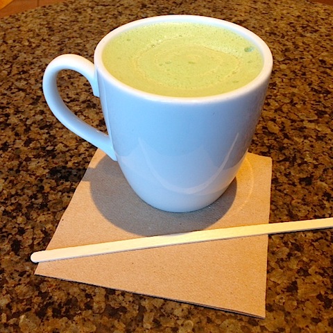 small Matcha Tea Latte with soy milk. I asked for it unsweetened so I could add my own swirl of honey.